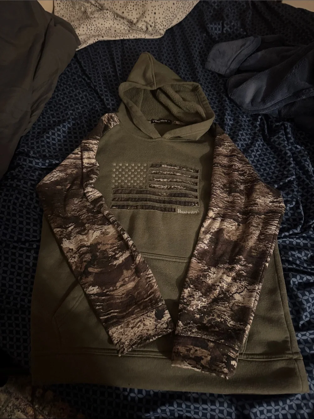 Kids Performance Hoodie Jacket in Olive Green with Camo Sleeves